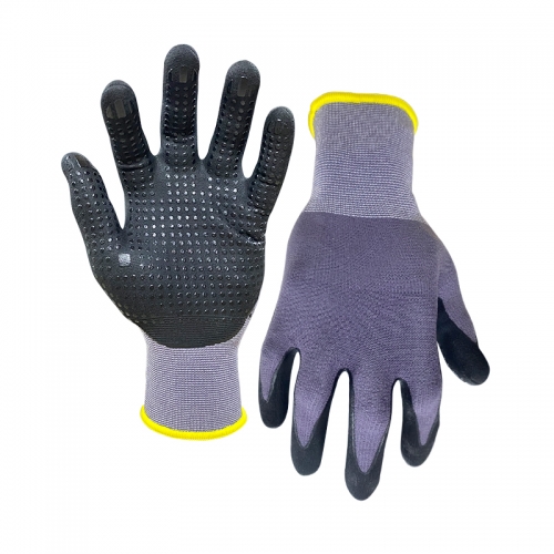 15G nylon/spandex shell Nitrile micro foam palm coated with dots gloves 