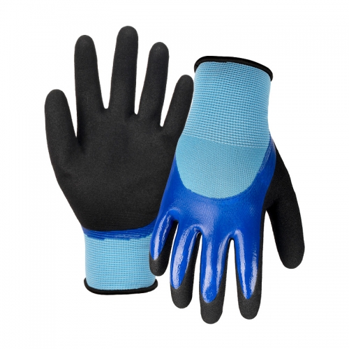 15G nylon shell nitrile sandy double coated gloves(half/thumb)
