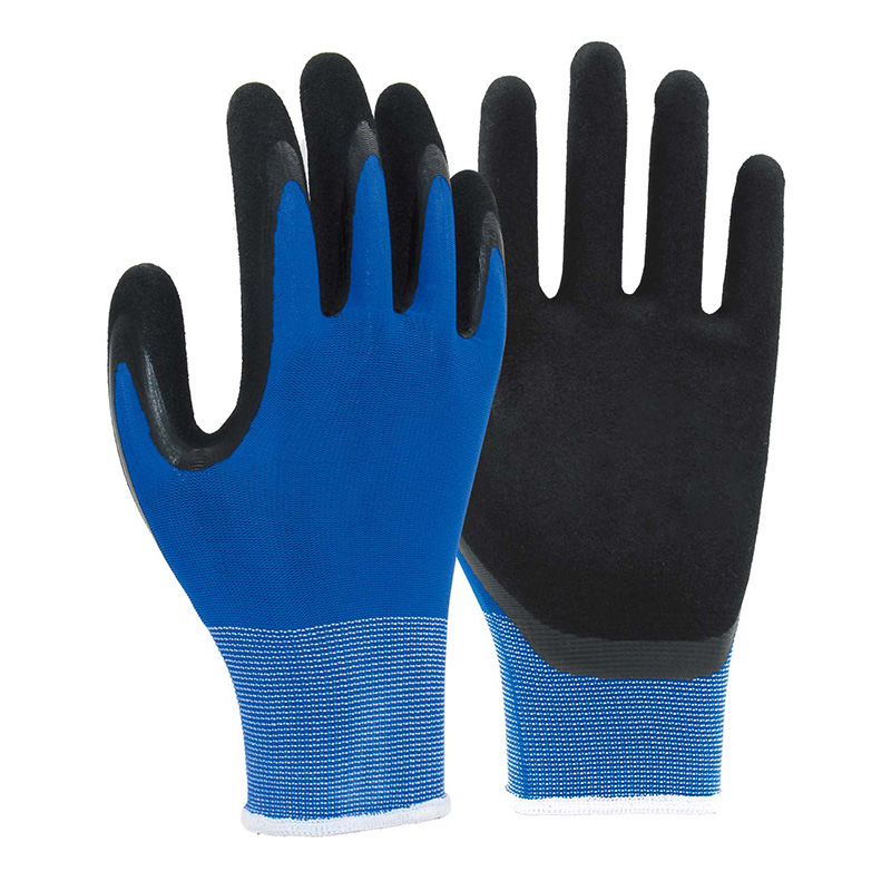 15G nylon/spandex shell nitrile sandy double palm coated gloves