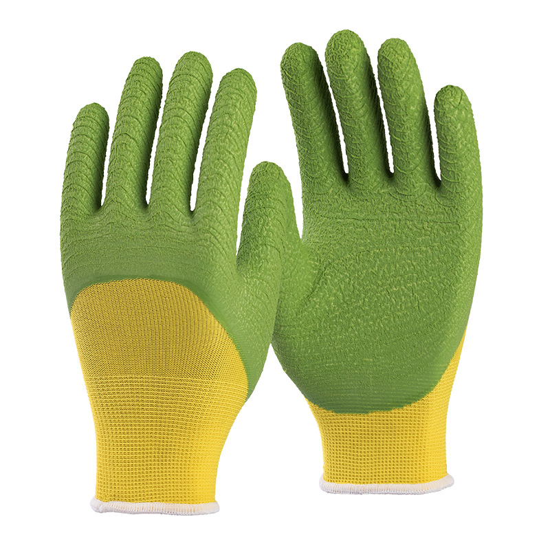 13G polyester shell latex rough crinkle half coated gloves