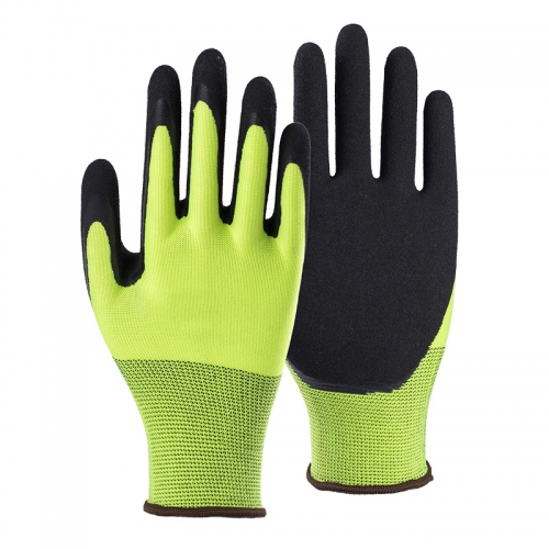 13G polyester shell with latex sandy double palm coated gloves