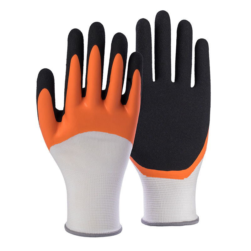 13G polyester shell latex sandy double coated gloves(half/palm)