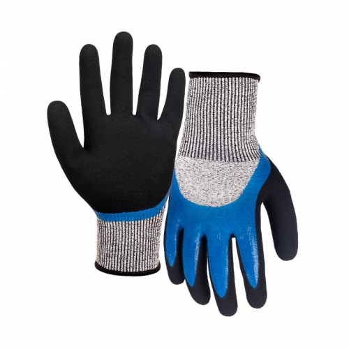 13G cut D/A4 nitrile sandy double coated gloves(half/thumb)-Glass Fibre