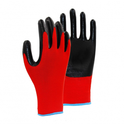 15G polyester shell nitrile smooth palm coated gloves