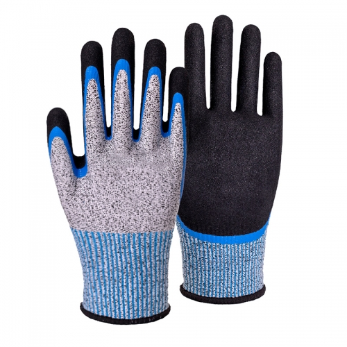 13G cut C/A3 nitrile sandy double palm coated gloves-Glass Fibre