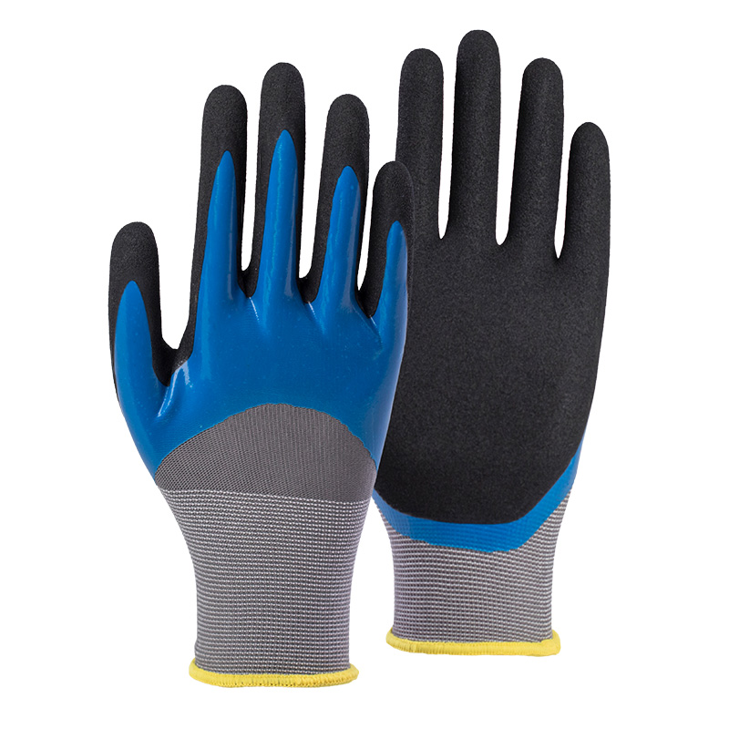 15G polyester shell nitrile sandy double coated gloves(half/palm)