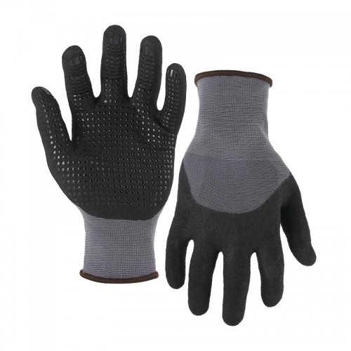 15G nylon/spandex shell nitrile sandy half coated gloves with dots