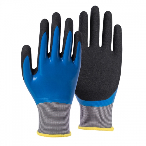 15G polyester/spandex shell nitrile sandy double coated gloves(fully/palm)