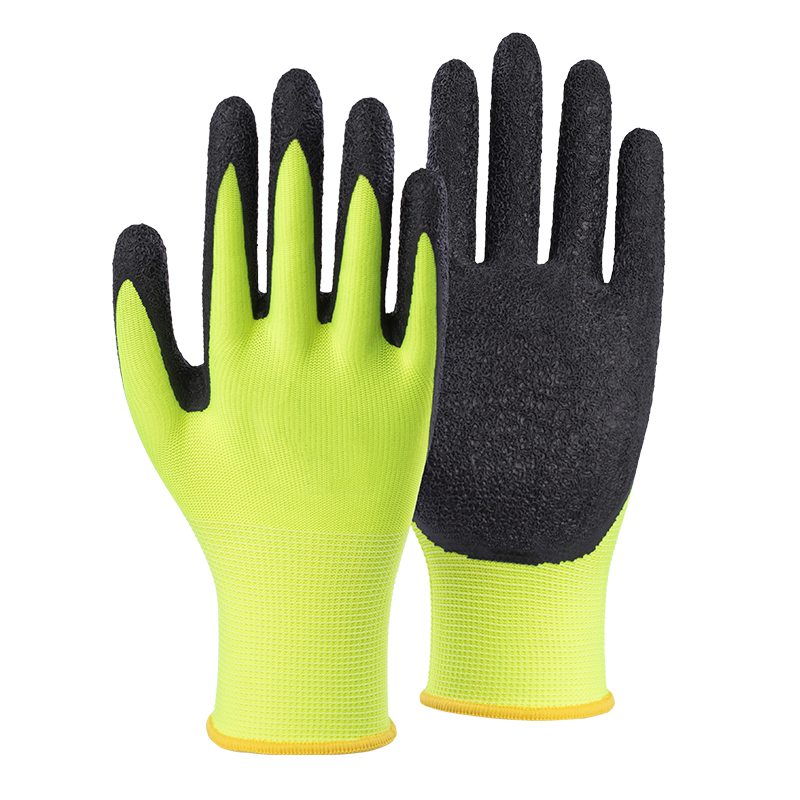 13G polyester/spandex shell latex crinkle palm coated gloves