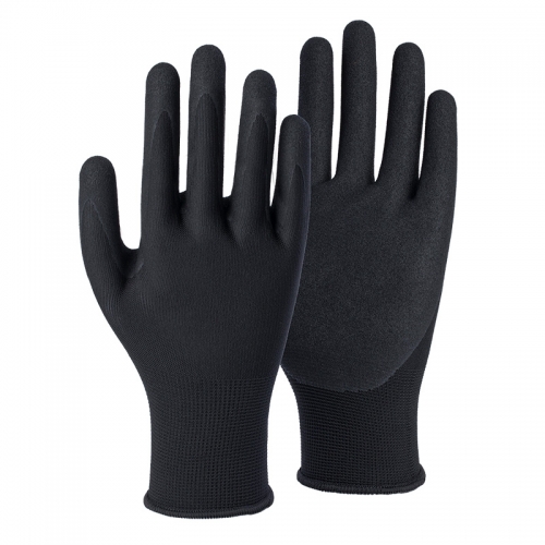 15G polyester/spandex shell nitrile sandy palm coated gloves